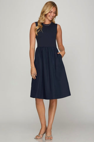 She + Sky Sleeveless Poplin Woven Midi Dress with Pockets