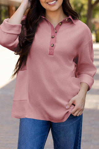 Waffle Knit Collared Half Button Top
