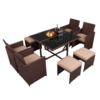 9-Piece Wood Grain Wicker Patio Dining Set
