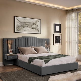 Sooke Velvet Upholstered Platform Bed with Integrated Nightstands