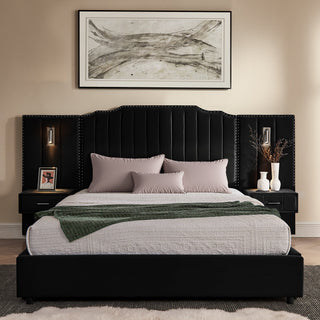 Sooke Velvet Upholstered Platform Bed with Integrated Nightstands