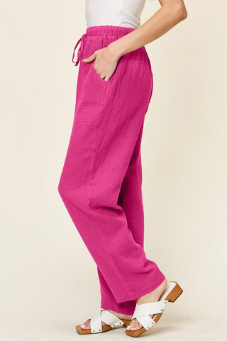 Double Take Texture Drawstring Straight Leg Pants