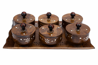 Floral Engraved Wooden Spice Box Set of 6