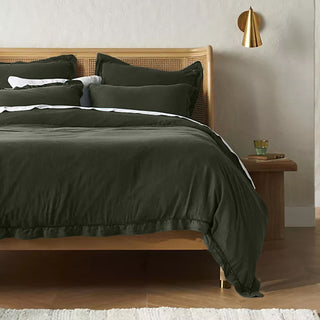 Embroidered Edge Moss Green Linen Bedding Set