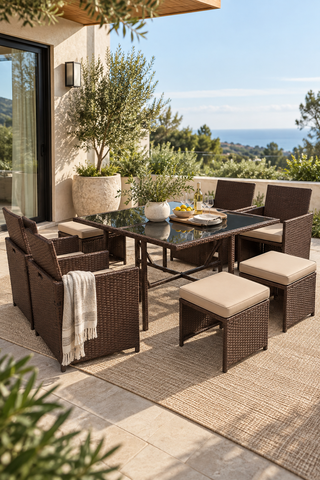 Andover 9-Piece Wood Grain Wicker Patio Dining Set