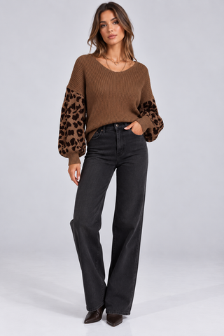 West Point Leopard-Sleeve V-Neck Sweater