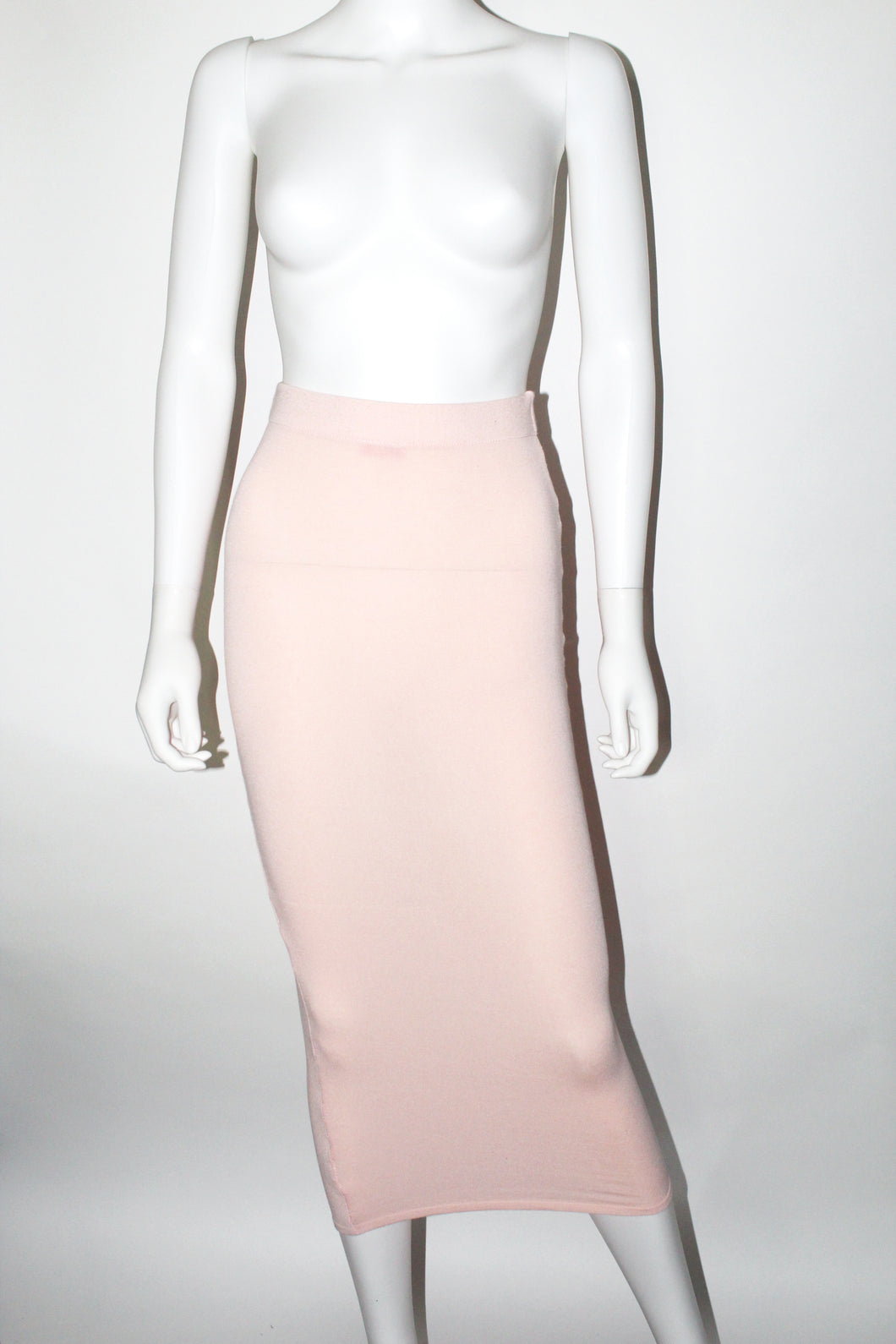light pink calf length semi sheer pencil dress stretchy for women thrifted from wasteland san francisco